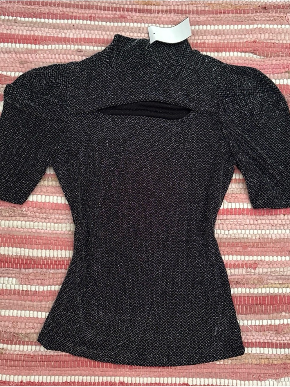 Papaya Black Metallic Short-Sleeve Mock Neck Top with Front Keyhole